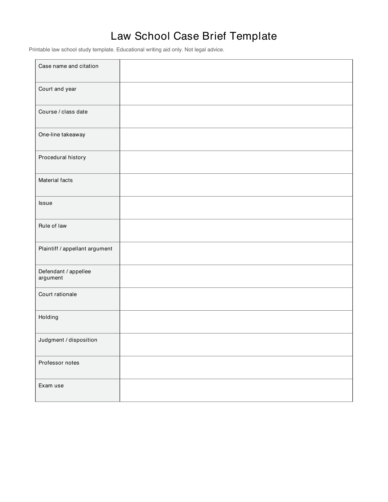 Printable case brief template PDF preview for law school students